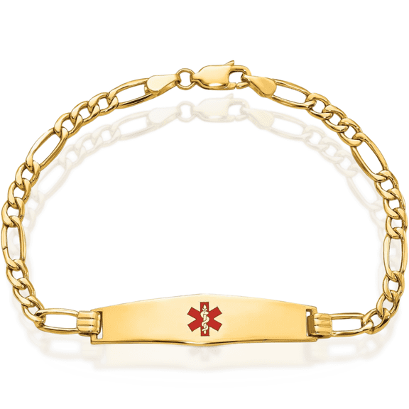 14K Solid Yellow Gold Medical Alert Figaro Link Name Bar Identification ID Bracelet
