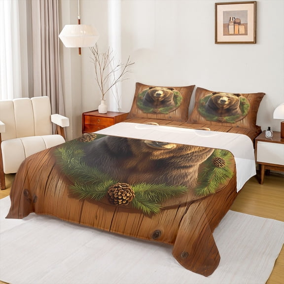 Homewish Wild Animal Bear Twin Sheet Sets,Country Pine Cone Twin Fitted Sheet,Rustic Farmhouse Cabin Flat Sheet For Kids,Luxury Bedroom Decor,3-Piece