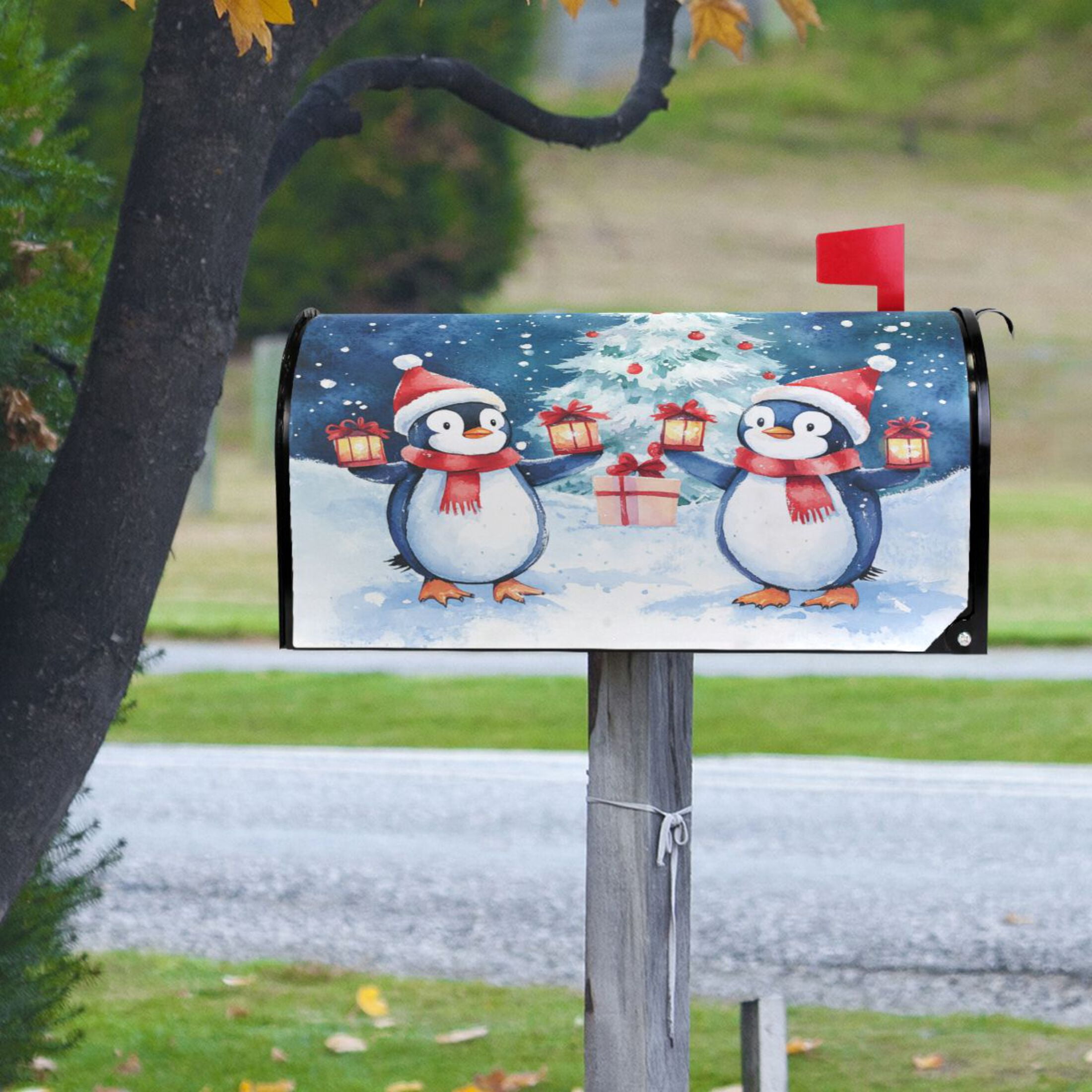 Mailbox Covers Magnetic Large Size 25.4x20.78 in Mailbox Wraps Post for Garden Yard Decor Two Cute Penguins
