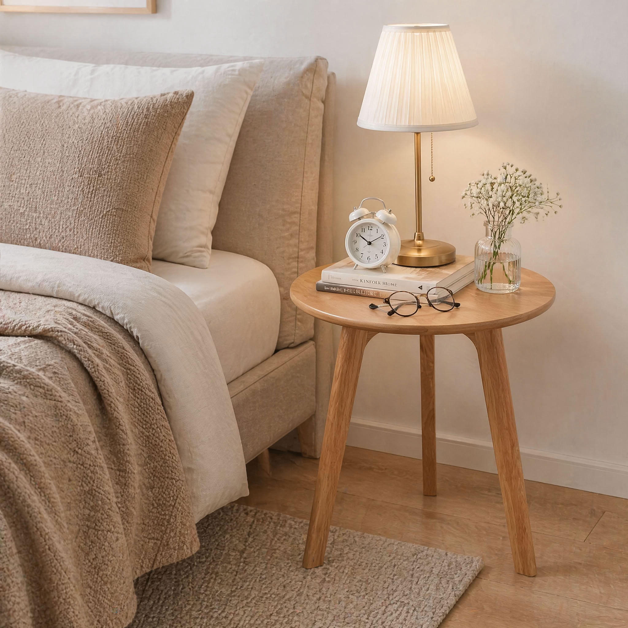 MAYEERTY Solid Oak Wood Round End Table, Mid-Century Modern Small for Apartment Living Room Bedroom Balcony Small Spaces