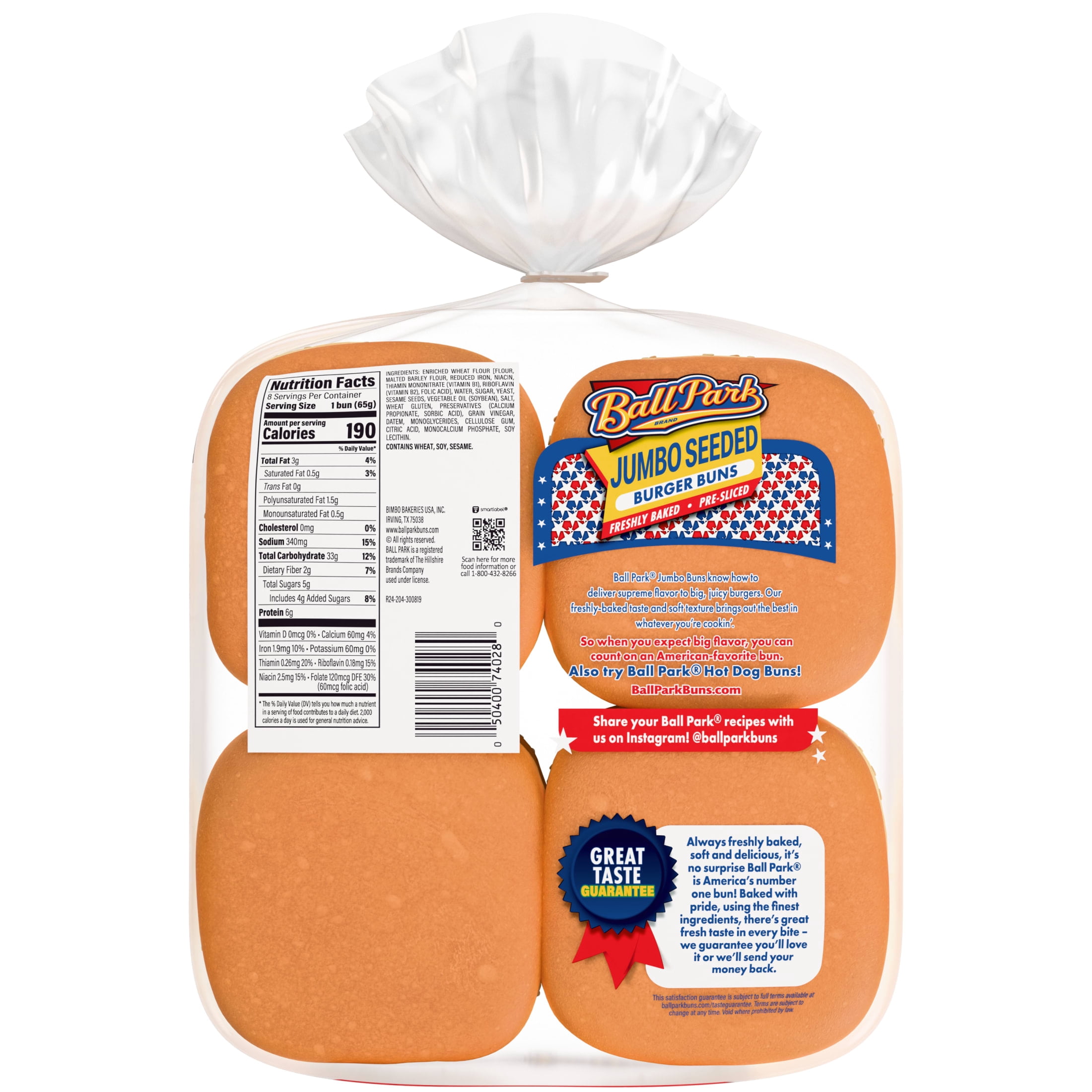 Ball Park Sesame Jumbo Hamburger Buns, 8 count, 18.25 oz