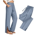 thumbnail image 5 of CYYOLLPF Linen Pants Women Boho Embroidered Floral Pants Wide Leg Palazzo Pleated Capri Paper Bag Pants Cropped Pant Flowy Palazzo Wide Leg Women' s Culottes Boho Loose High Waist Blue XL, 5 of 7