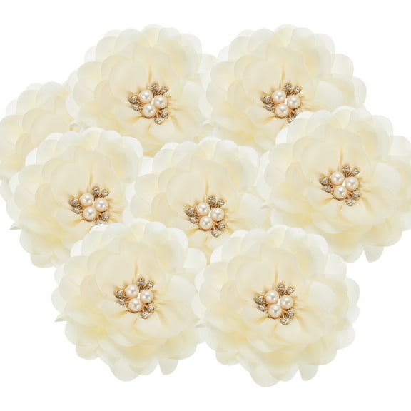3.15 Inch Chiffon Flowers, 10 Pcs Fabric Flowers Rhinestone Pearl Large Camellia Sewing Appliques for DIY Crafts Dresses Clothing Headbands Wedding Party Decoration, Beige white