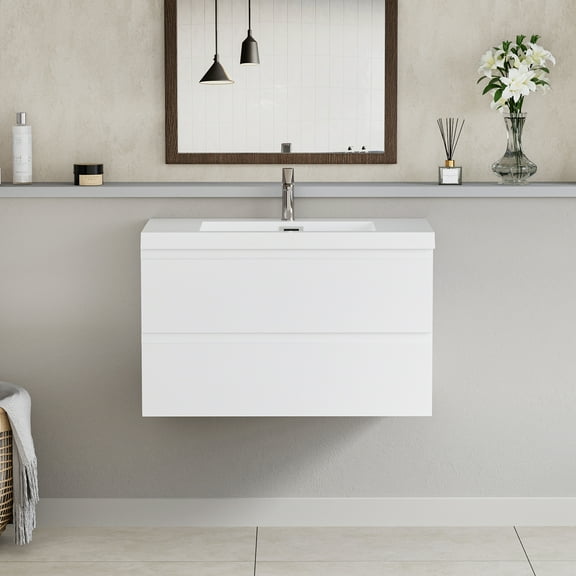 Modern 36" Wall-Mounted Bathroom Vanity in Glossy White with Resin Top Basin