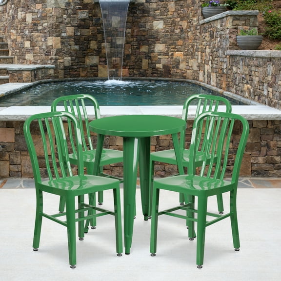 Emma Oliver Commercial Grade 24" Round Green Metal Table Set-4 Vertical Slat Back Chairs