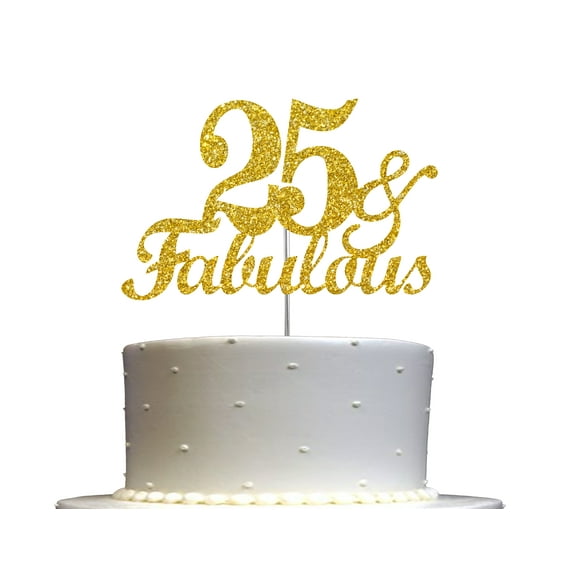 Fabulous & 25 Cake Topper Gold Glitter, 25th Birthday Party Decoration Ideas, Sturdy Doubled Sided Glitter, Acrylic Stick. Made in USA