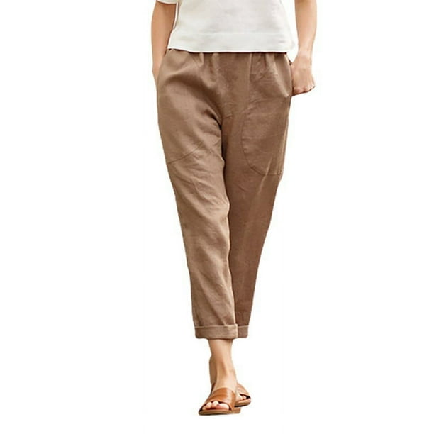 Pantalones rectos casuales de algodón y lino cómodos de color sólido con bolsillos grandes para mujeres europeas y americanas para mujeres