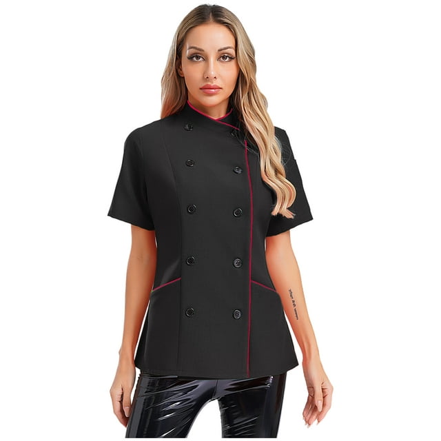 Yeahdor Women Chef Coat Short Sleeve Double-Breasted Chef Shirt Jacket Hotel Kitchen Work Uniform Black XL