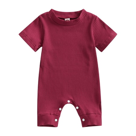 

Wallarenear Baby Girl Boy Jumpsuit Solid Color Ribbed Knit Playsuit One Piece Romper Shorts