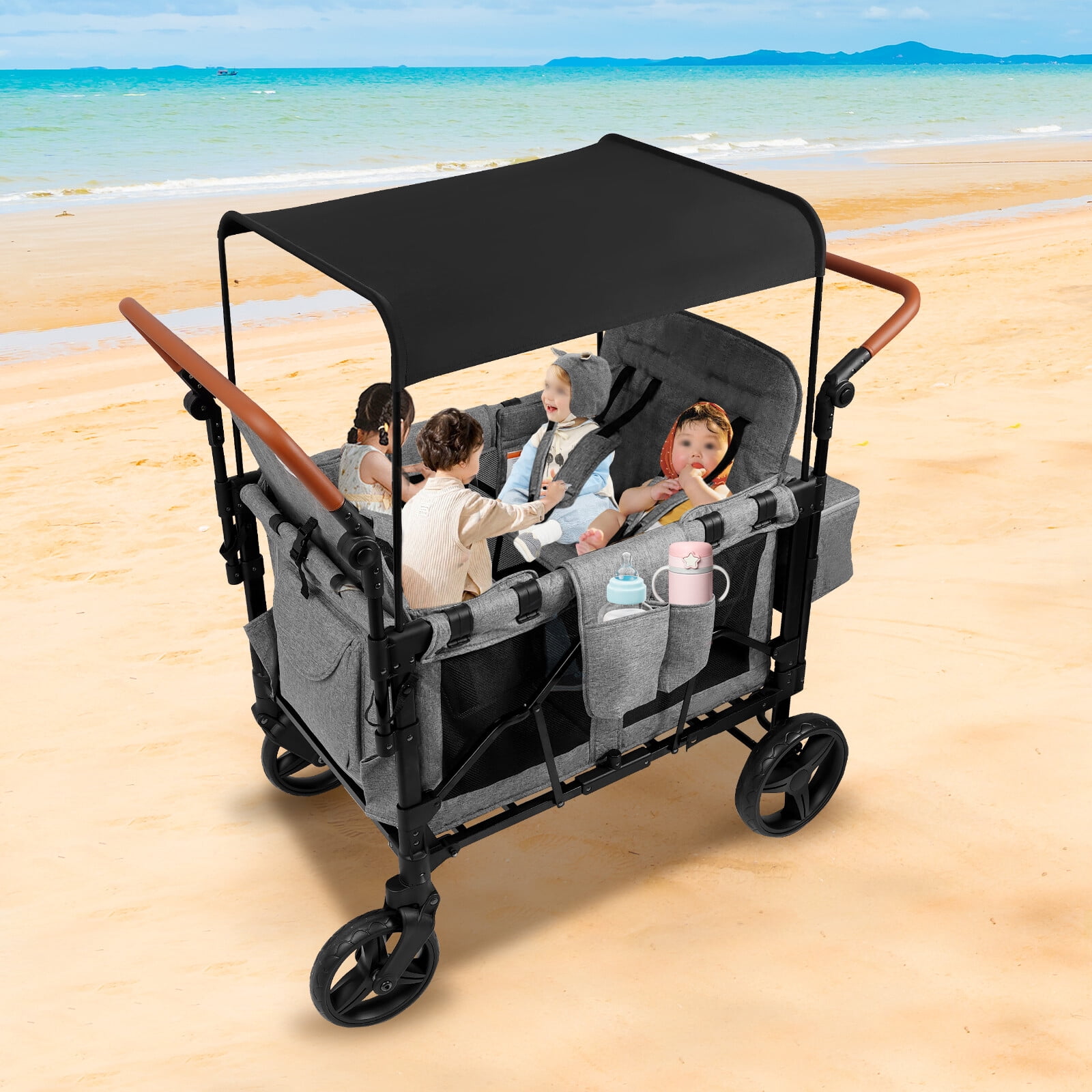 4-Seater Wagon, High Landscape Baby Stroller Wagon with Removable Canopy, All Terrain Foldable Wagon with 5-Point Harness for Beach Garden Camping, Gray