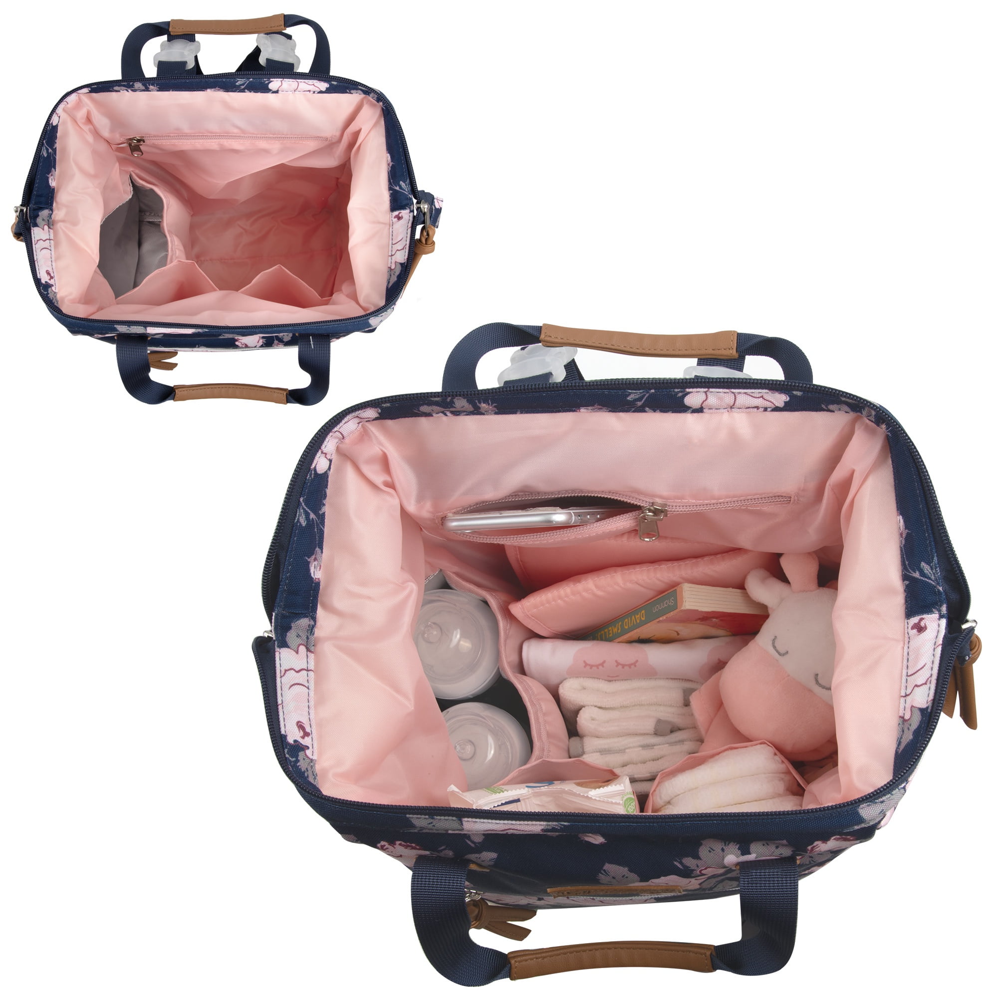 Baby Essentials Super Cooler Main Frame Dual Zipper Closure Diaper Bag Backpack Tote with Matching 6-Ply Changing Pad, Insulated Bottle Pocket and Stroller Straps in Navy Blue Floral