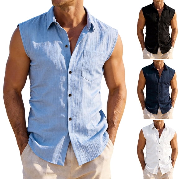 Men's Sleeveless Lapel Button Cardigan Casual Shirt Top V-Neck Solid Color Breathable Lightweight Sports Golf Fishing Vacation Outfits Fashion Essential | JASKFLY,Black L
