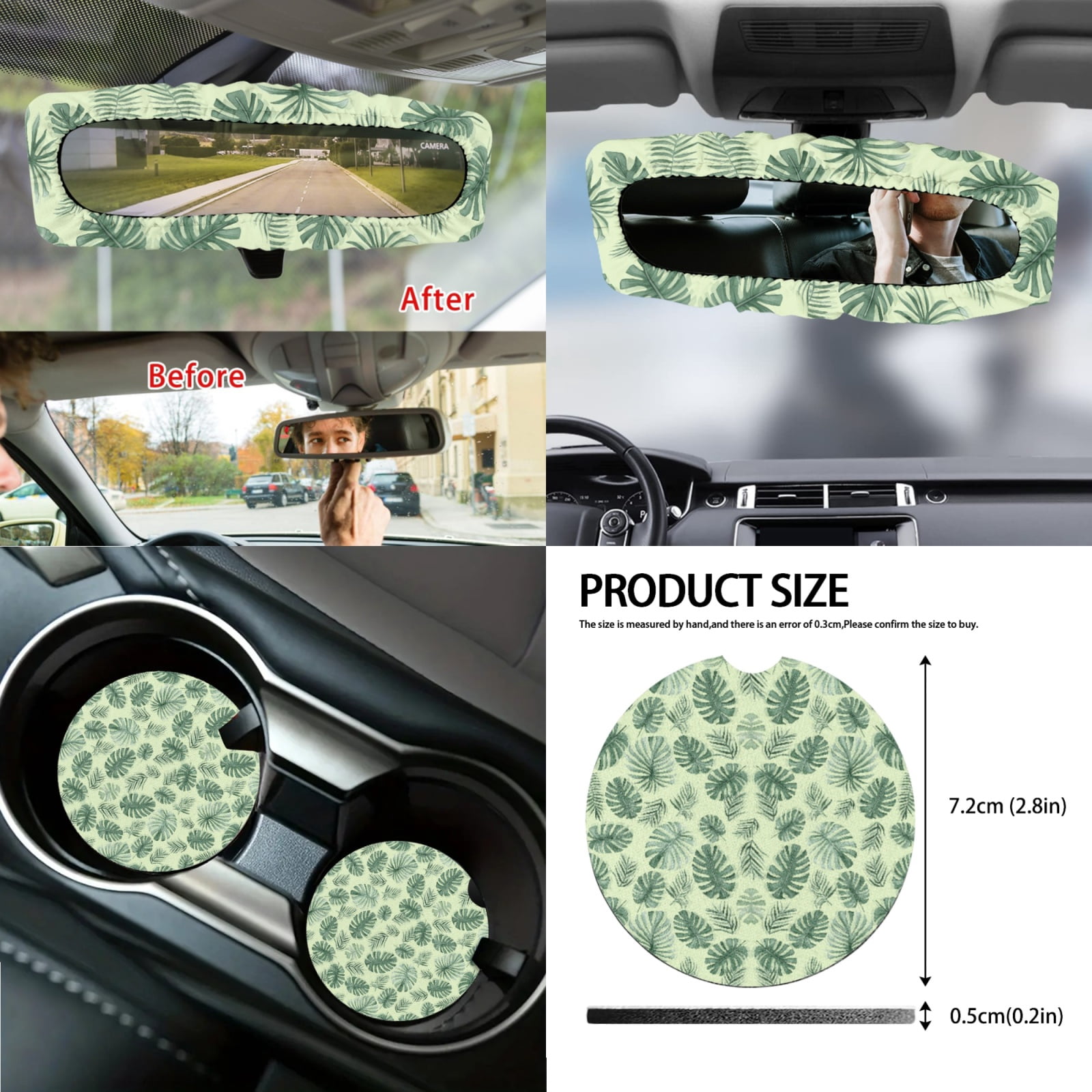 Jeiento Green Leaves 14 PCS Car Seat Cover Full Set with Auto Steering Wheel Cover Seat Belt Strap Pads Cup Coasters Trash Bag Rearview Mirror Cover Armrest Cover Pad Handbrake Cover Set Accessory