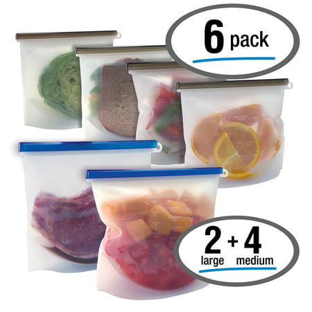 Silicone Reusable Food Storage Bags (Set of 6) (2 Large 50oz + 4 Medium 33.8oz), by Better Kitchen Products, Airtight, Expandable Gusset