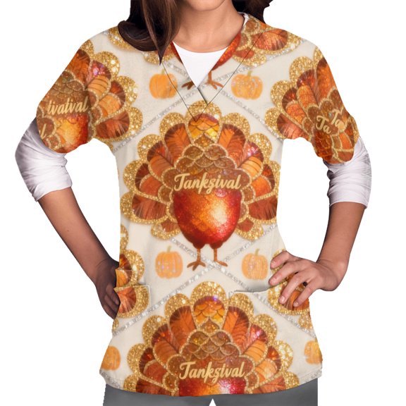 WMTBSRSW Thankgiving V Neck Scrub Tops for Women Stretchy Turkey Graphic Short Sleeve Scrub Shirts Funny Holiday Nurse Uniform with 2 Pockets