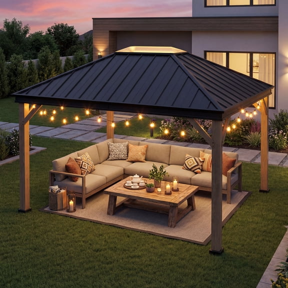 Sunjoy 11 x 13 ft. Hardtop Gazebo Outdoor Black Steel Gazebo with Skylight for Patio, Garden and Backyard Activities, Black