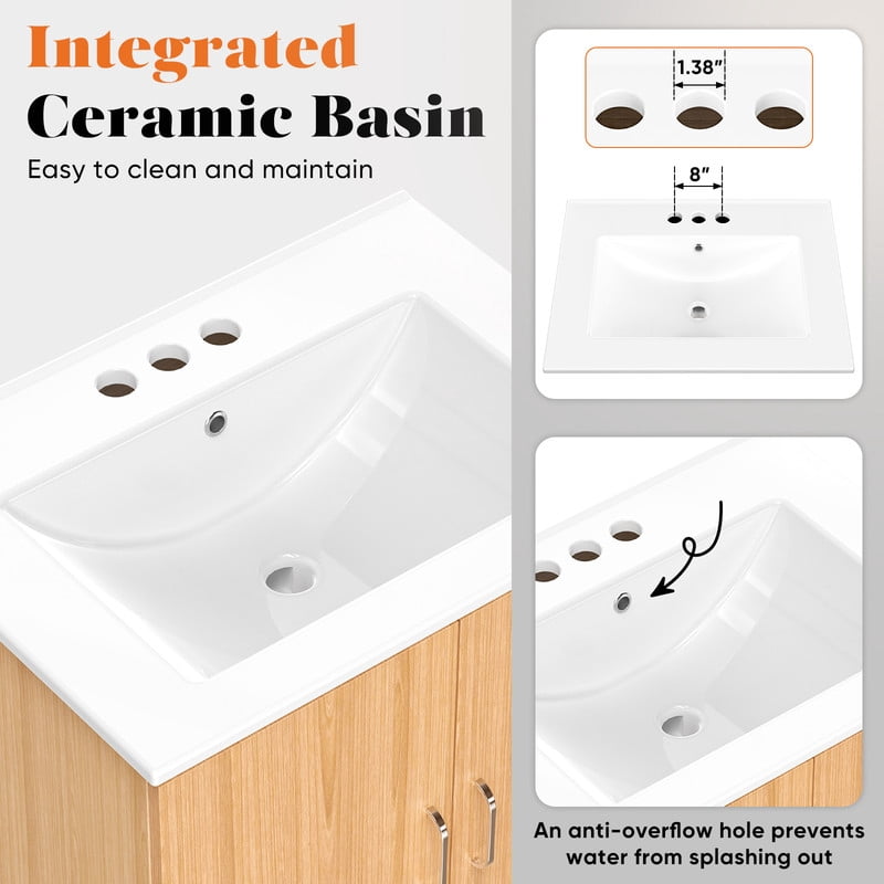 Gianna 24" Modern Bathroom Vanity with Ceramic Basin, Undermount Vanity Sink Cabinet with 2 Doors and 1 Inner Drawer, Free Standing Bathroom Storage Cabinet with Sink Combo Set, Wood
