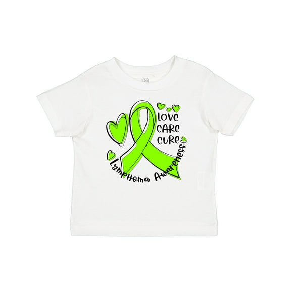 Inktastic Love, Care, Cure Lymphoma Awareness Lime Green Ribbon Hearts Boys or Girls Baby T-Shirt