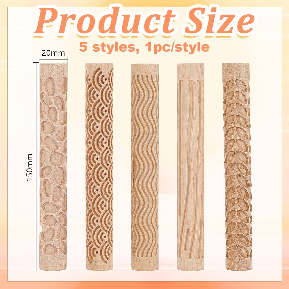 5 Pcs 5 Styles Wooden Handle Pottery Tools Sea Wave Ripple Pattern Emboss Plaid Rollers Clay Modeling Pattern Rollers Kit