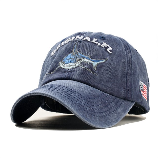 Unisex Embroidered Lettering Shark Pattern Baseball Cap Fashion Denim Sun Shade Hat Navy adjustable