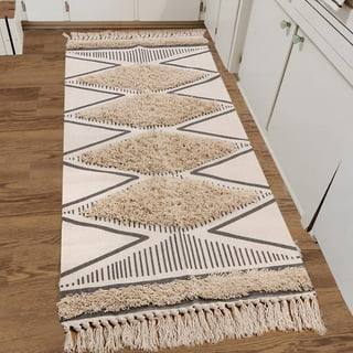 Cotton Linen Area Rug with Tassel Red Turquoise and Beige Seamless with  Beautiful Floral Ornaments Washable Throw Rug Woven Carpet Runner Rug Mat  for