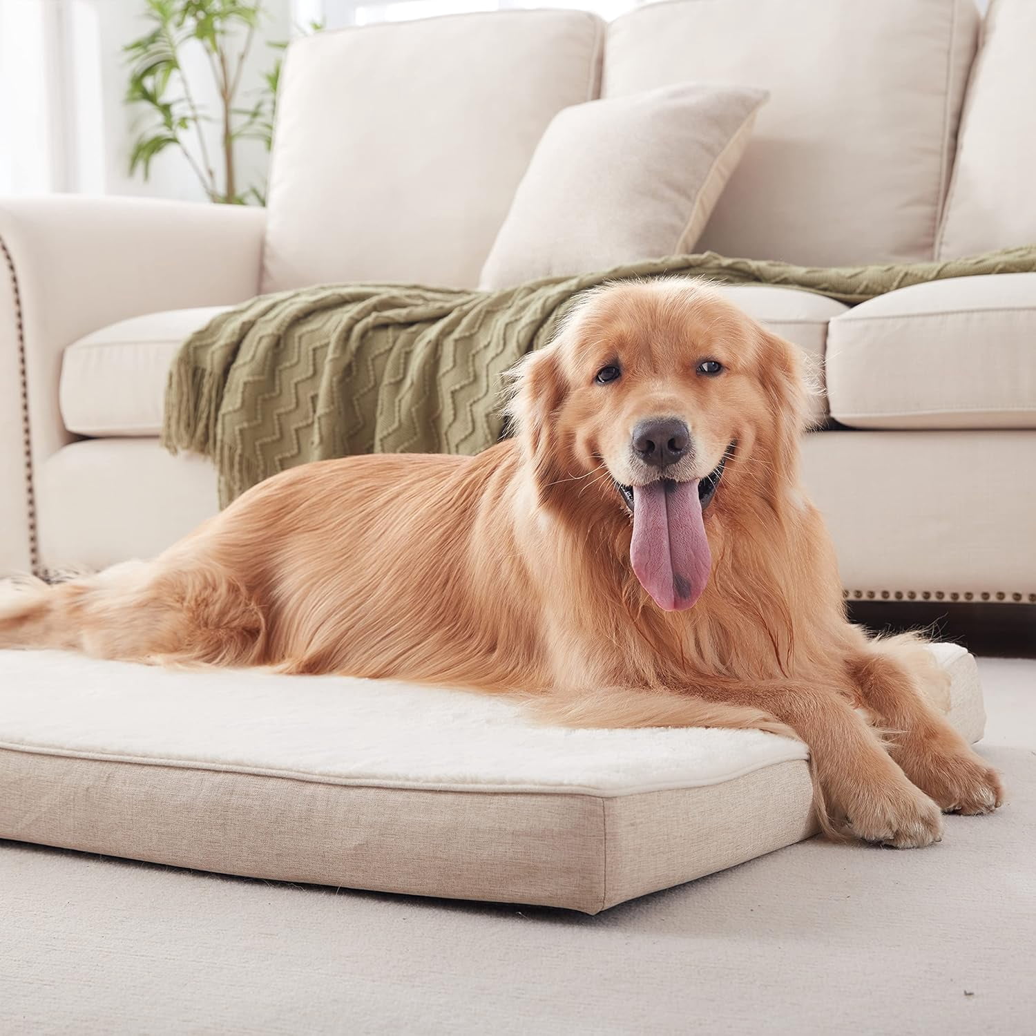 Memory Foam Orthopedic Large Dog Bed, Washable Dog Bed for Crate with Cooling Gel Mattress, Waterproof Liner and Plush Removable Cover for Extra Large Dogs (Beige)