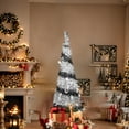 thumbnail image 2 of Bringstar 4ft Black and White Striped Pop Up Christmas Tree with 60 LED Lights, Pre Lit Silver Tinsel Pull Up Artificial Xmas Tree for Halloween & Holiday Decor, 2 of 9