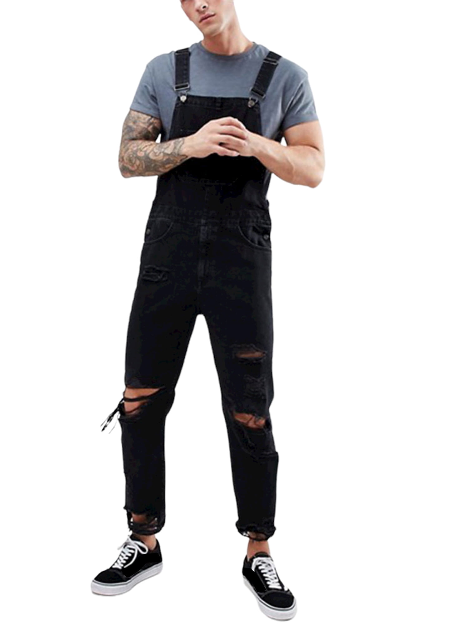 JustVH Men's Ripped Overalls Regular Fit Workwear Denim Suspenders ...