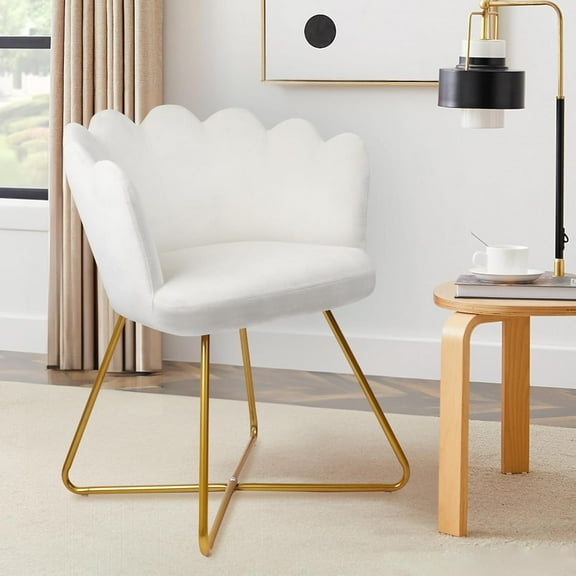 PRZL Modern Velvet Make Up Vanity Chair, Flower Shaped Back Accent Chair Armchair with Gold Metal Legs, Cute Girl Criss Cross Chair No Wheels for Home Office Bedroom Dressing Living Room, White