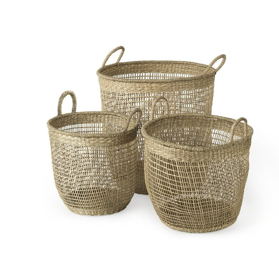 Mercana Medium Brown Seagrass Round Basket W/ Handles in Set Of 3