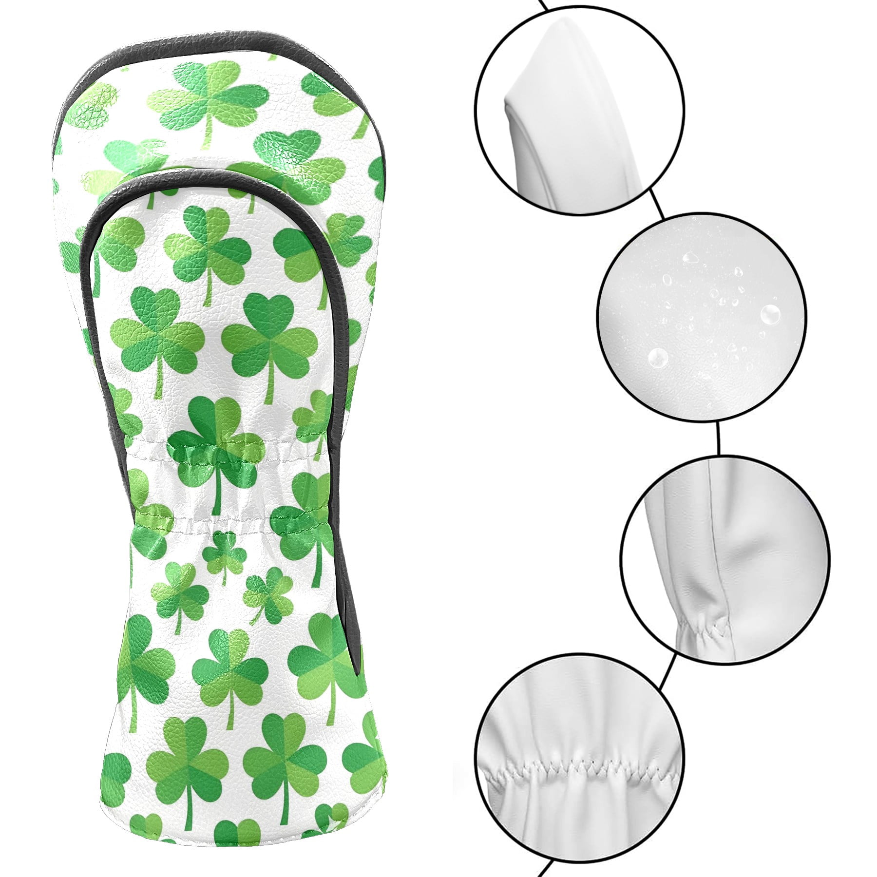 Golf Club Covers, Green Clover Premium PU Leather Driver Hybrid Putter Head Covers with Velvet Lining, Waterproof Golf Gifts for Men Women