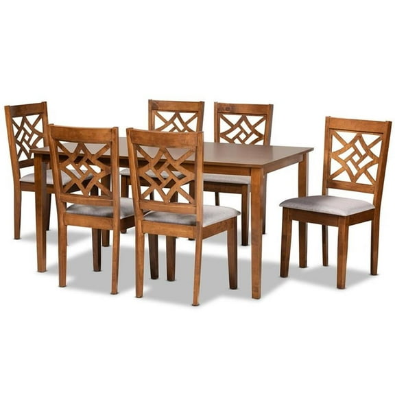 Bowery Hill Grey Fabric Upholstered and Brown Finished Wood 7-Piece Dining Set