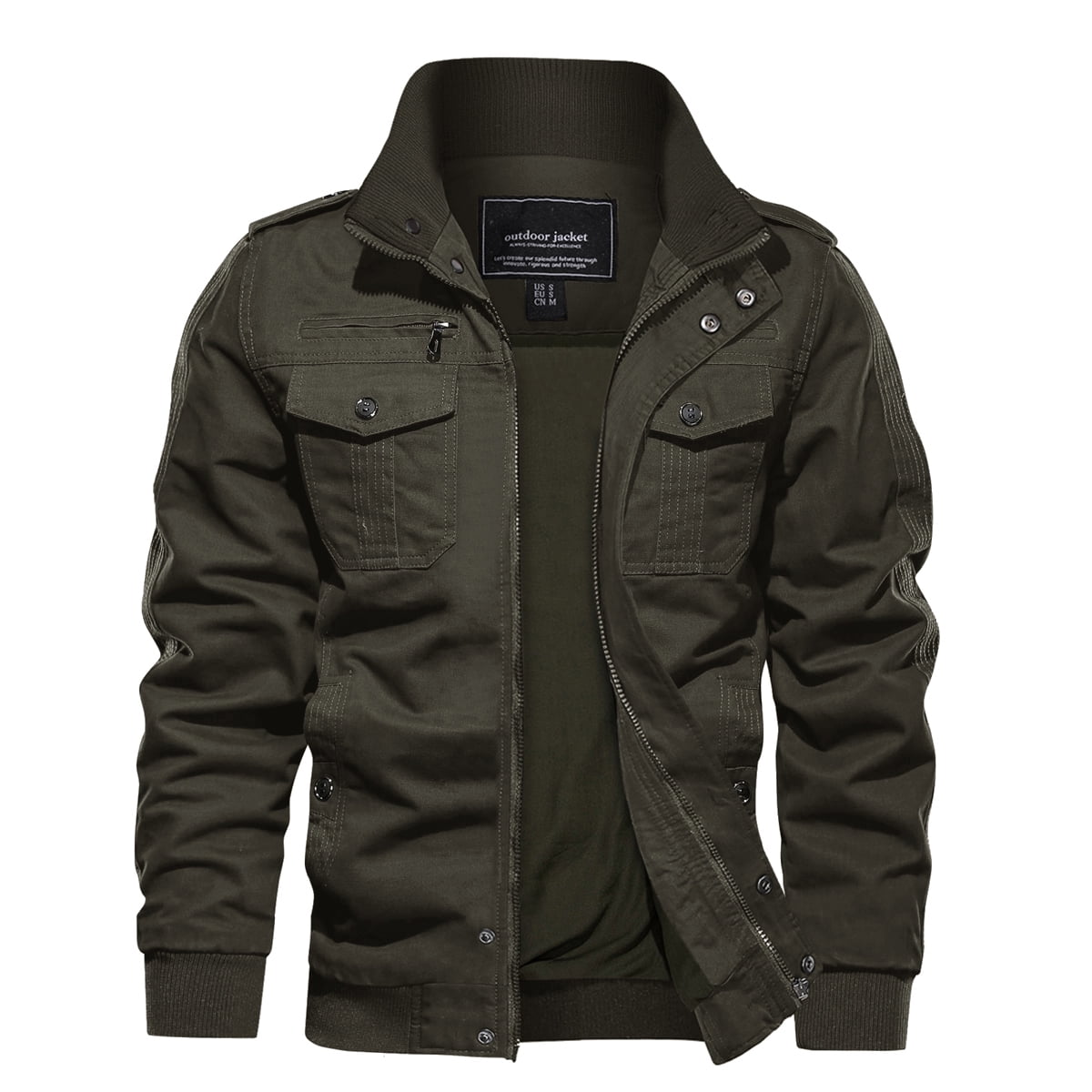Black Stand Collar Spring and Autumn Casual Cotton Coat Mens Military Style Jacket Army green A Durable Jacket Khaki