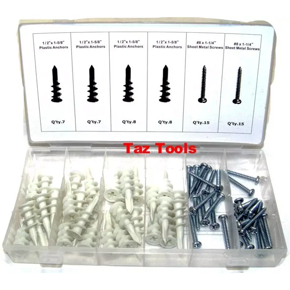 60 Pc Plastic Drywall Anchor Assortment Self Drilling Anchors W/ Screw Kit Set