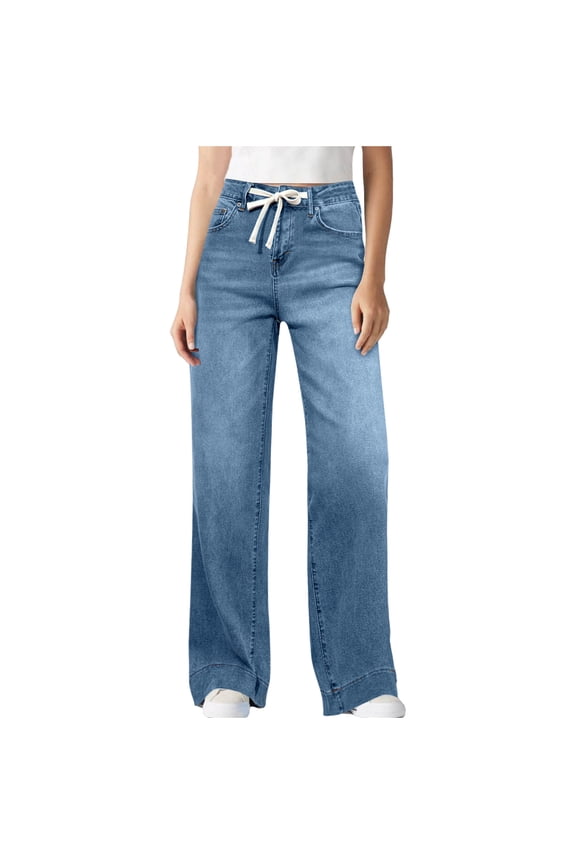 Women's Wide Leg Jeans Drawstring High Waisted Stretchy Y2k Baggy Jeans Casual Loose Fits Denim Trousers Pants with Pockets Comfy Straight Denim Pants