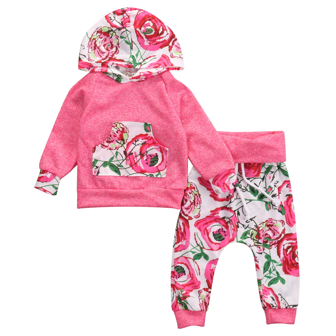 Flowers & Stripe Outfits Baby Hoodies with Long Pants White Clothes Sets 2 Pieces