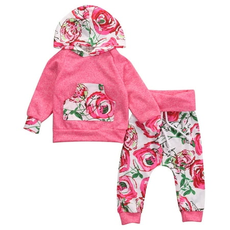 

2Pcs Baby Girls Floral Print Hoodies with Pocket Long Sleeve Tops + Long Pants Outfit Set