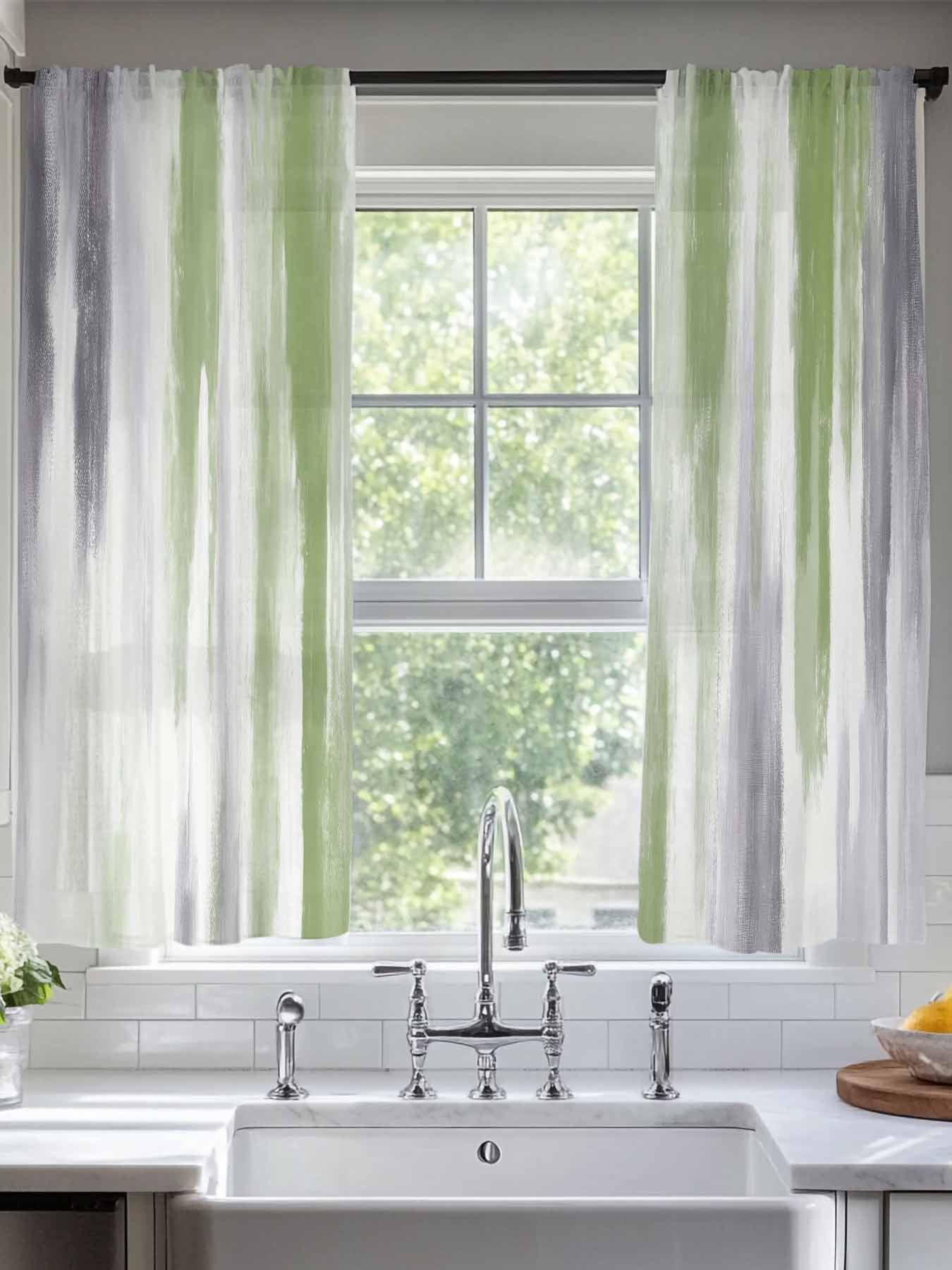 Abstract Grey Sheer Curtains for Living Room Bedroom, Green Mottled Gradient Texture Farmhouse Light Filtering Sheer Curtains, Rod Pocket Voile Window Drapes, 2 Panels Set 52"x 63"