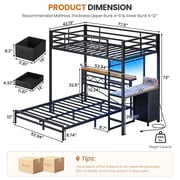 Twin Over Full Bunk Bed with Led Lights and 4 Drawers,L-shaped Bunk Bed with Desk,Metal Bunk Beds with Storage Headboard and Charging Station,Loft Bed with Safety Guardrail and Ladder,Black
