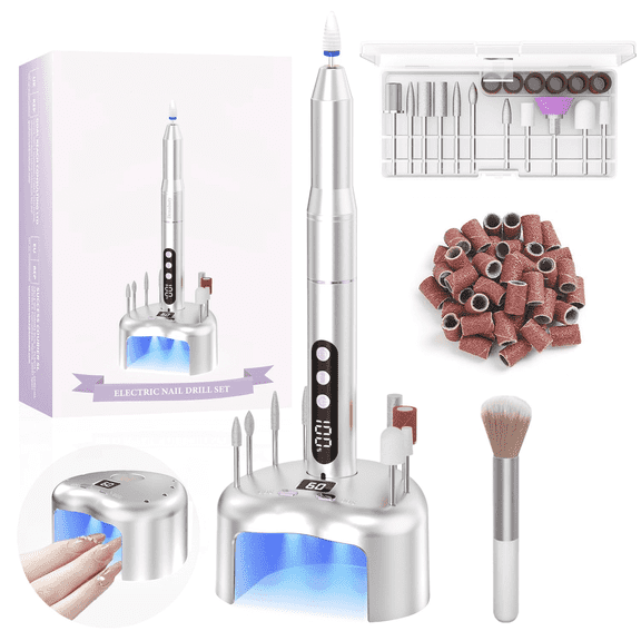 Cordless Electric Nail Drill File: 35000RPM Professional Nail Drill Machine with UV LED Nail Lamp Charging Base, Manicure Pedicure Kit E File for Acrylic Gel Dip Powder Polish Silver