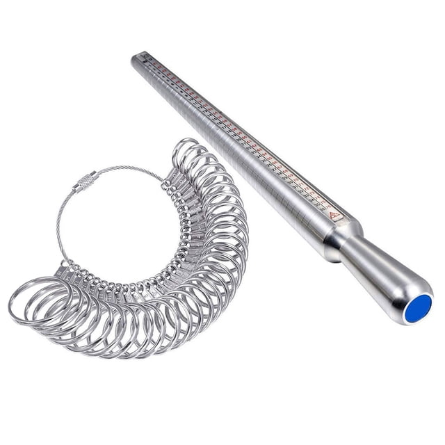 Silver Ring Size Measuring Kit: 250mm (9.8in) Triangular Ring Sizer Stick with 0-15 US Size Finger Gauge Set, 27-Ring Circular Measuring Tool for Accurate Finger Size Determination (Note: 0.25 Size