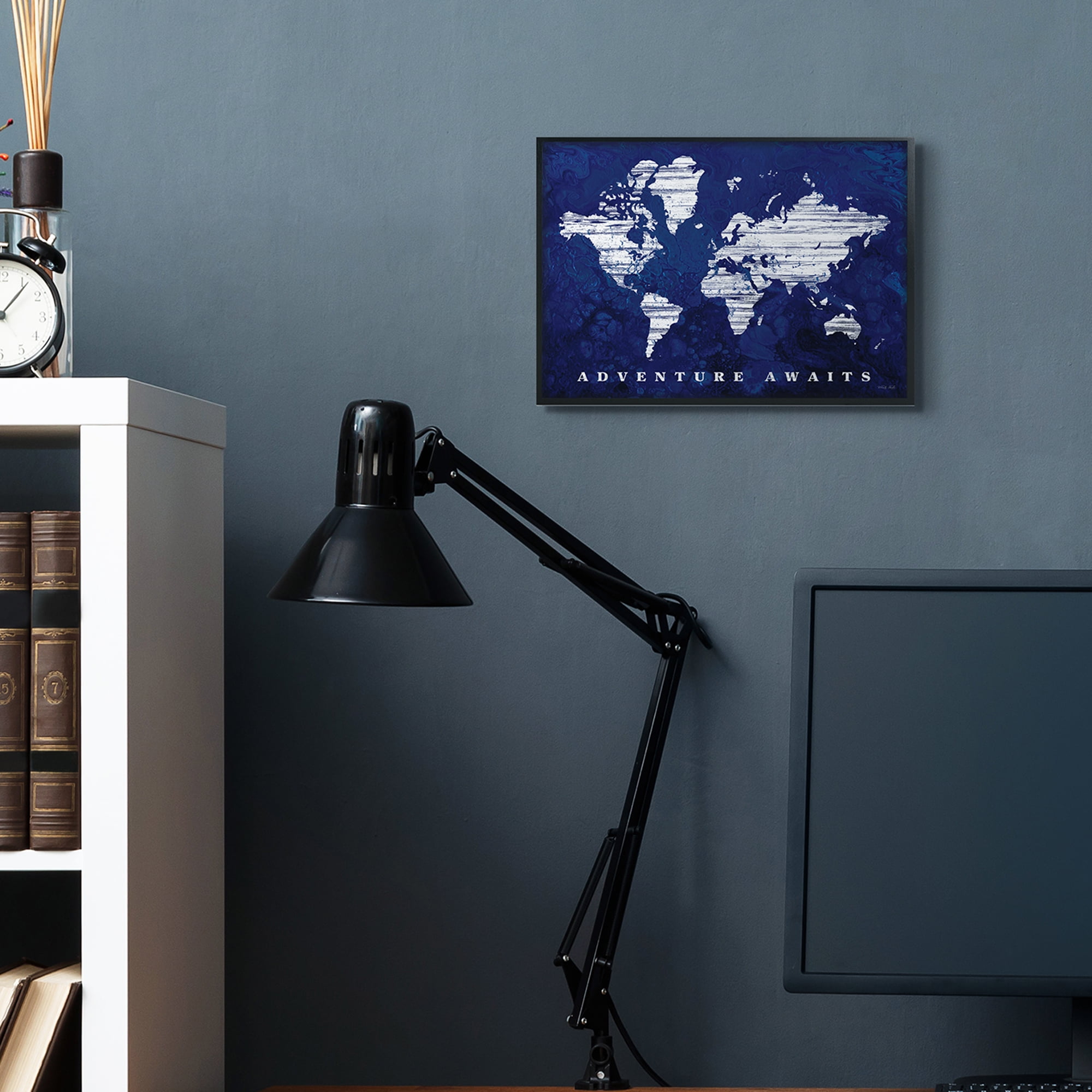 Adventure Awaits Sentiments Navy World Map 14 in x 11 in Framed Painting Art Prints, by Stupell Home Décor