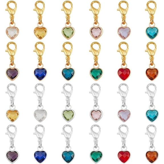 24Pcs 24 Colors Faceted Heart Glass Pendant Decoration with Birthstone Charms Alloy Lobster Claw Clasps Charms Clip-on Charms for Keychain Purse Backpack Ornament Mixed Color 20mm 1pc/color