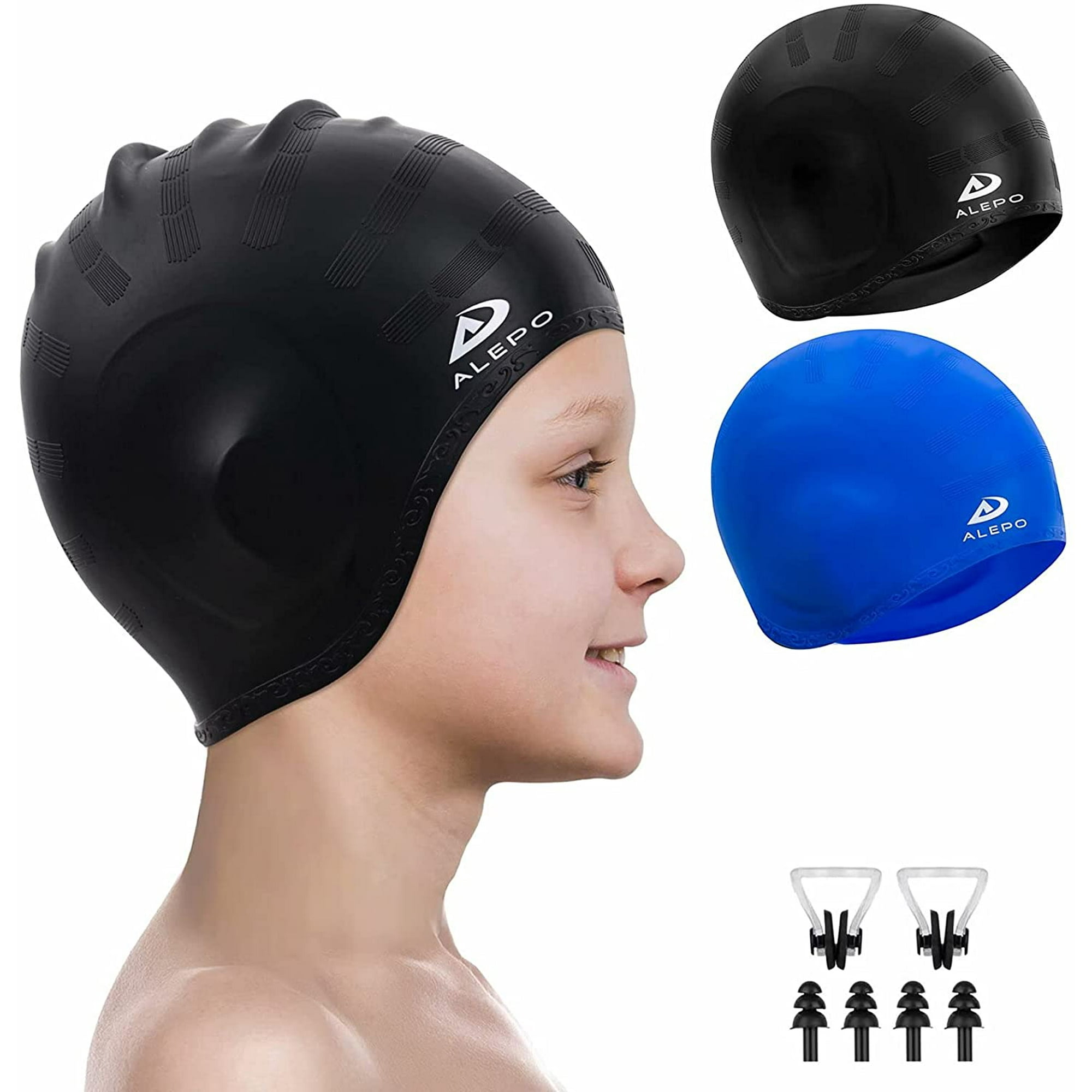 Lot De 2 Bonnets De Bain Unisexes En Silicone Pour Cheveux Courts/longs Avec Bouchons D'oreille Et Pince-nez, Bonnet De Bain Flexible Imperméable Pour