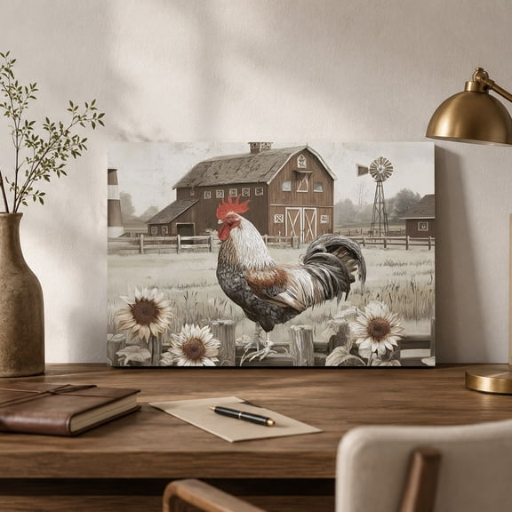 Rooster Canvas Wall Art, Rustic Farmhouse Country Farm Brown Barn Sunflower Wall Art Prints Artwork Framed Canvas Ready to Hang Art Pictures for Bathroom Nightstand, Narrow Hallway 14" x 11"