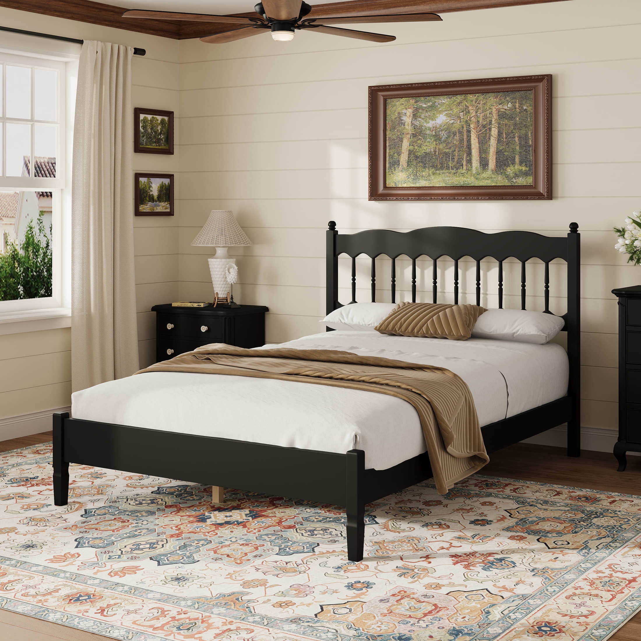 Noble House Onius Countryside Style Full Size Wooden Bed Frame, Heavy-Duty Platform Bed with Center Support, Black