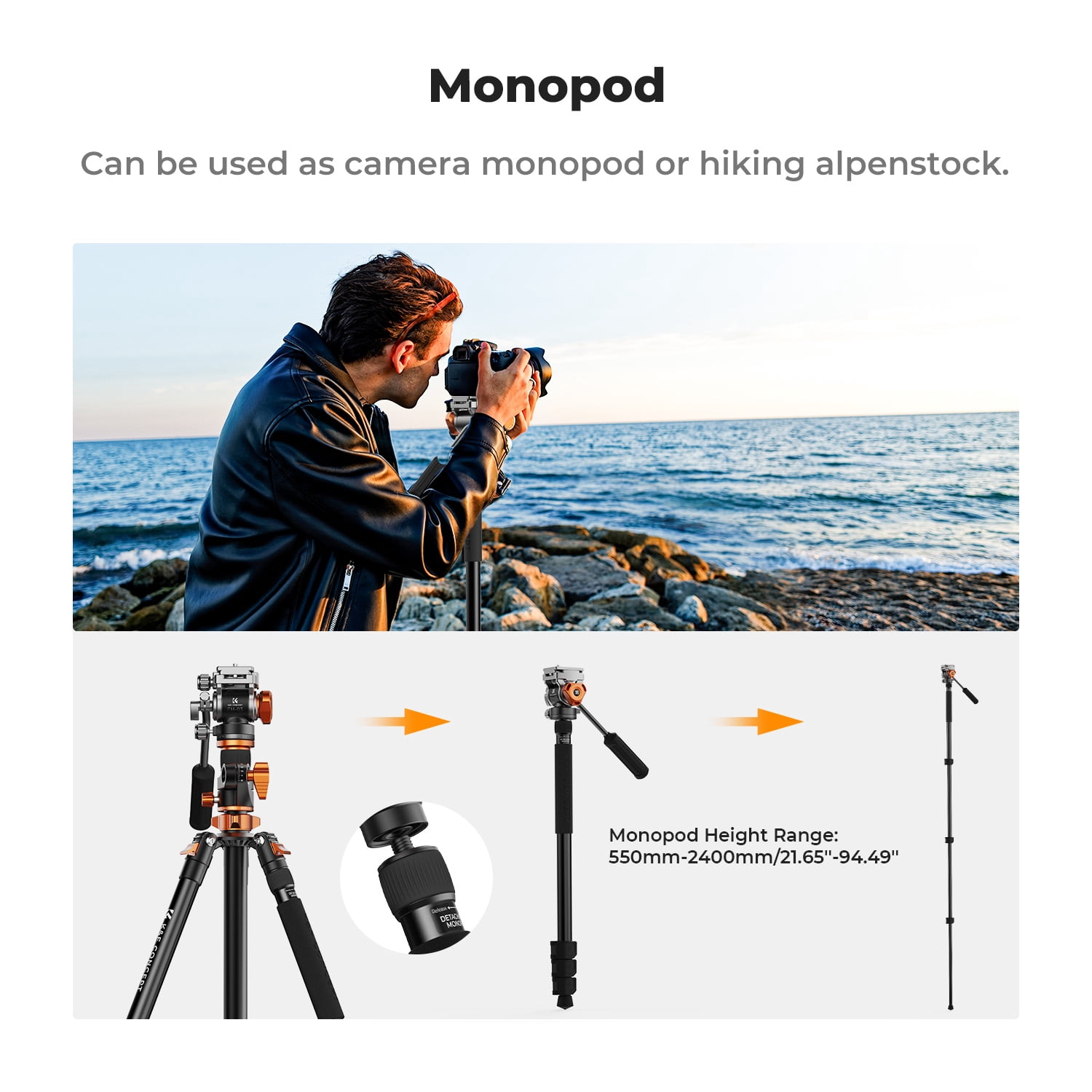 K&F Concept 91 inch/2.3m fluid head tripod video tripod Reversible Detachable Monopod Transverse Center Column horizontal 360 ° panoram