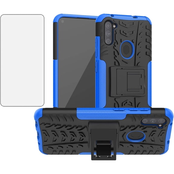 Phone Case for Samsung Galaxy A11 with Tempered Glass Screen Protector Cover and Stand Kickstand Hard Rugged Hybrid Protective Cell Accessories Glaxay A 11 Gaxaly 11A Cases Girls Women Men Black Blue
