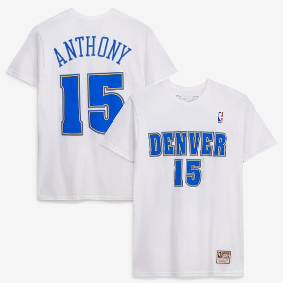 Men's Mitchell & Ness Carmelo Anthony White Denver Nuggets Hardwood Classics Stitch Name & Number T-Shirt
