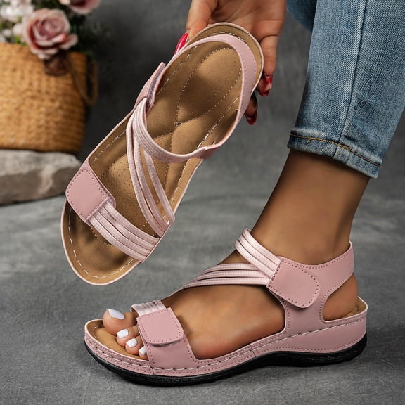 Domuza Womens Wedge Sandals, Adjustable Strap Open Toe Casual Comfort Sandals, Lightweight Non-Slip Summer Walking Shoes Pink 7.5(EU-39)